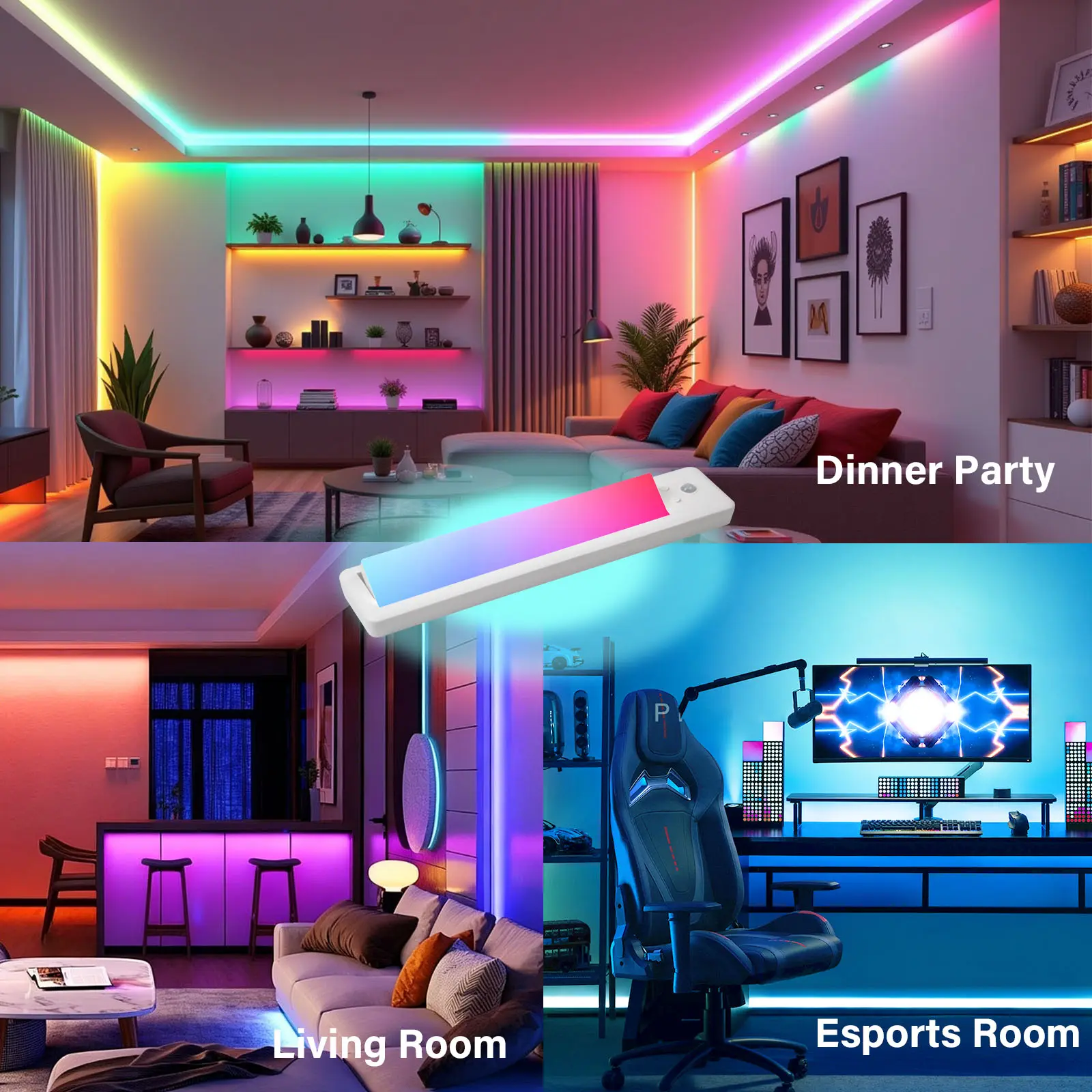 Examples of colorful RGB accent lighting in living room, gaming and entertainment spaces