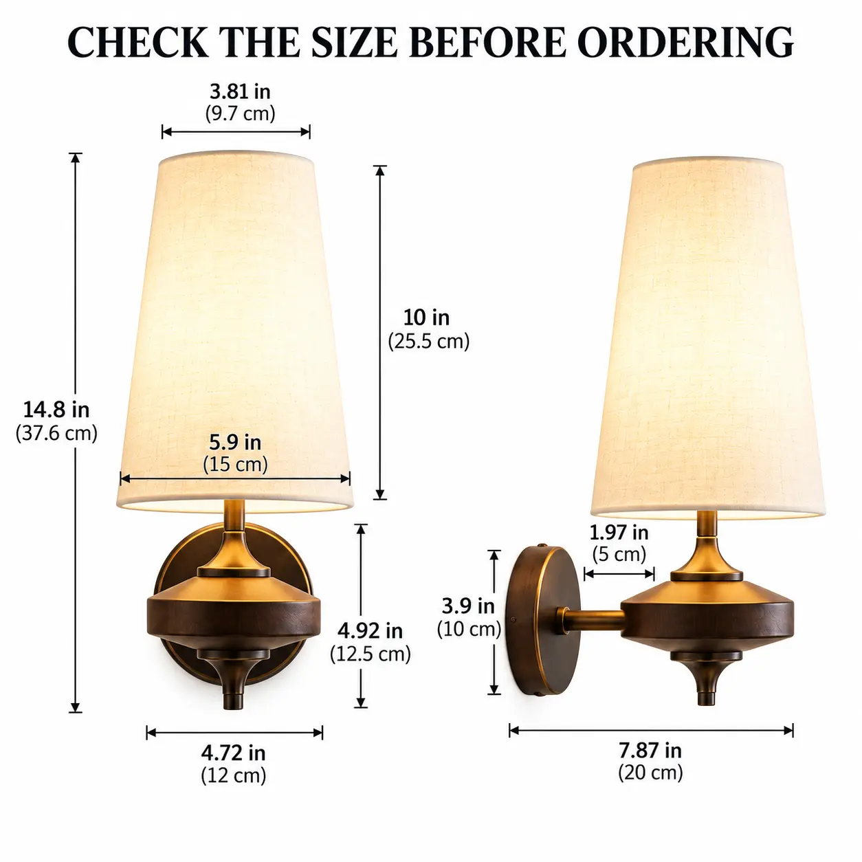 Retro Wall Sconces Set of 2 with Walnut Wood & Fabric Shades: dimensions