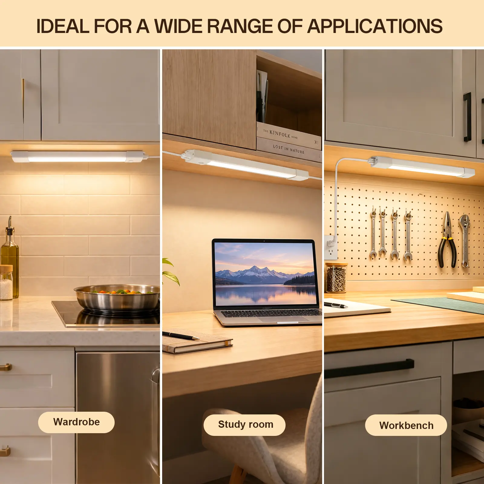 Plug-in LED light bars installed under cabinets above a kitchen counter, study desk, and workbench.