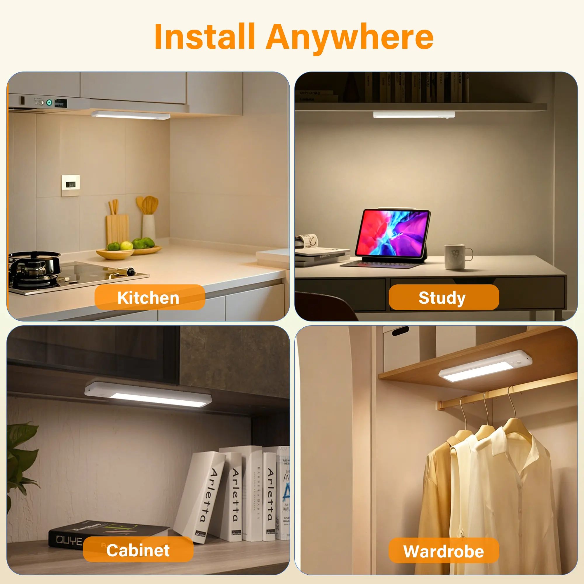 Rechargeable LED cabinet lights installed in kitchen, study, cabinet and wardrobe