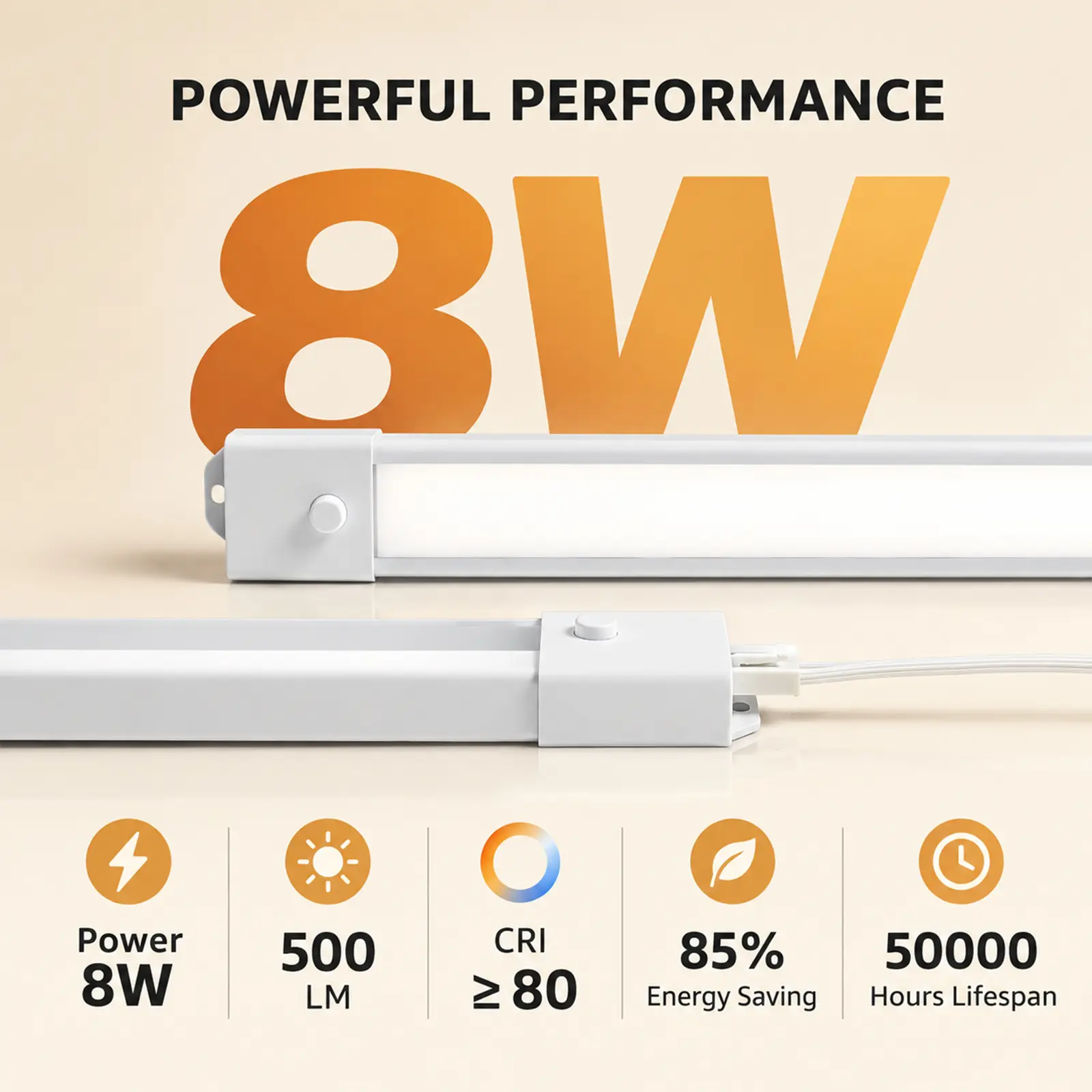 Close-up of white LED under cabinet light bars with 8W power, 500 lumen output, and CRI specifications.