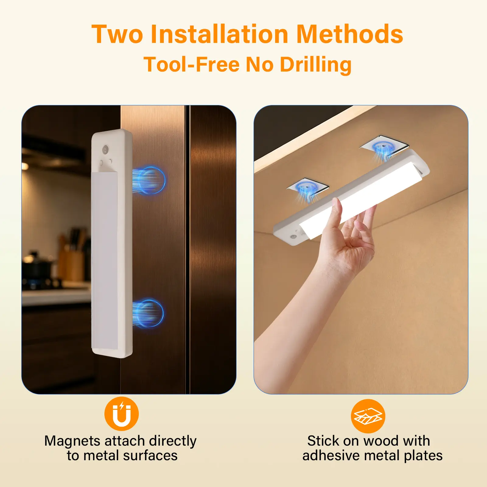 Magnetic cabinet light installation on metal and wood surfaces using mounting plates