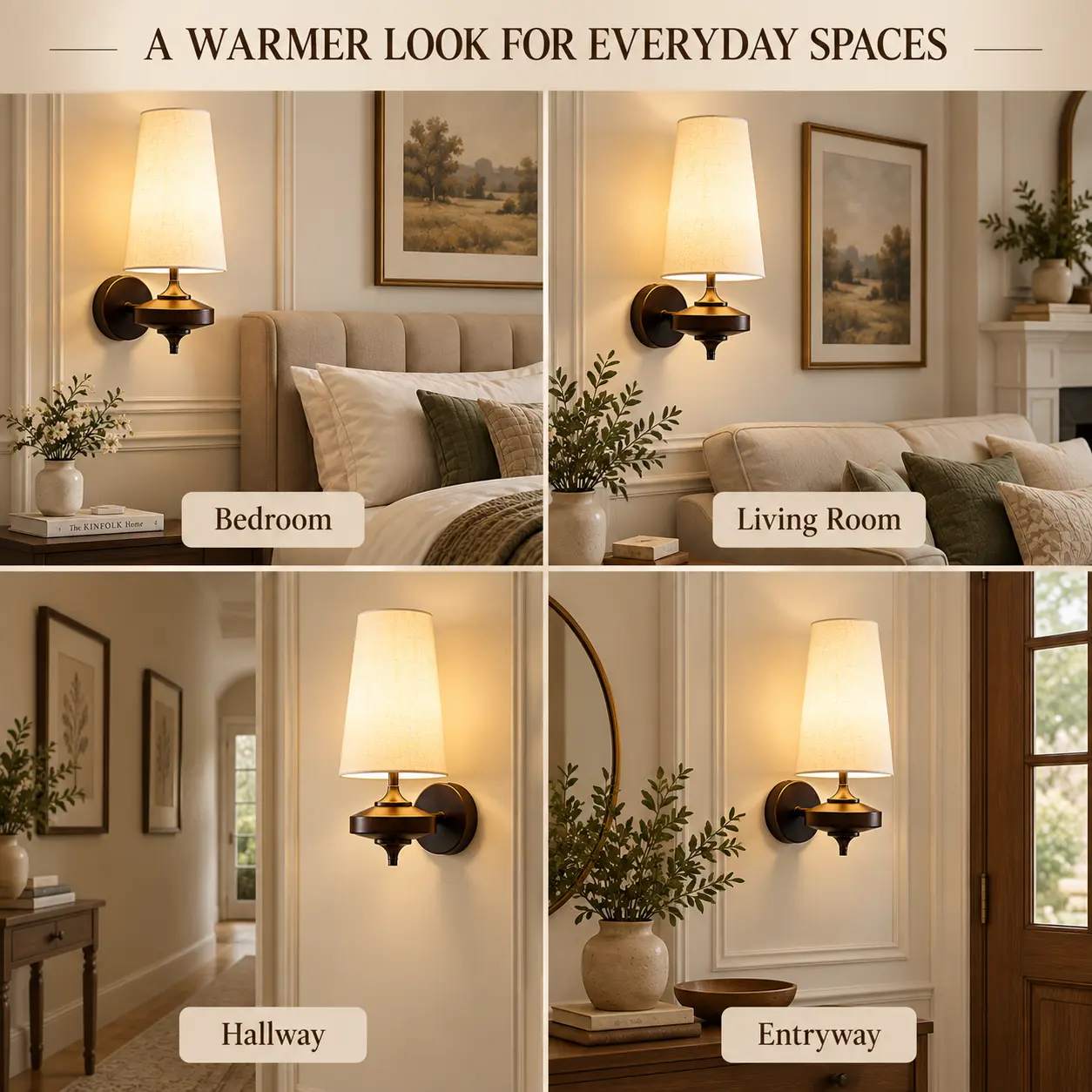 Retro Wall Sconces Set of 2 with Walnut Wood & Fabric Shades: multi-Room Use