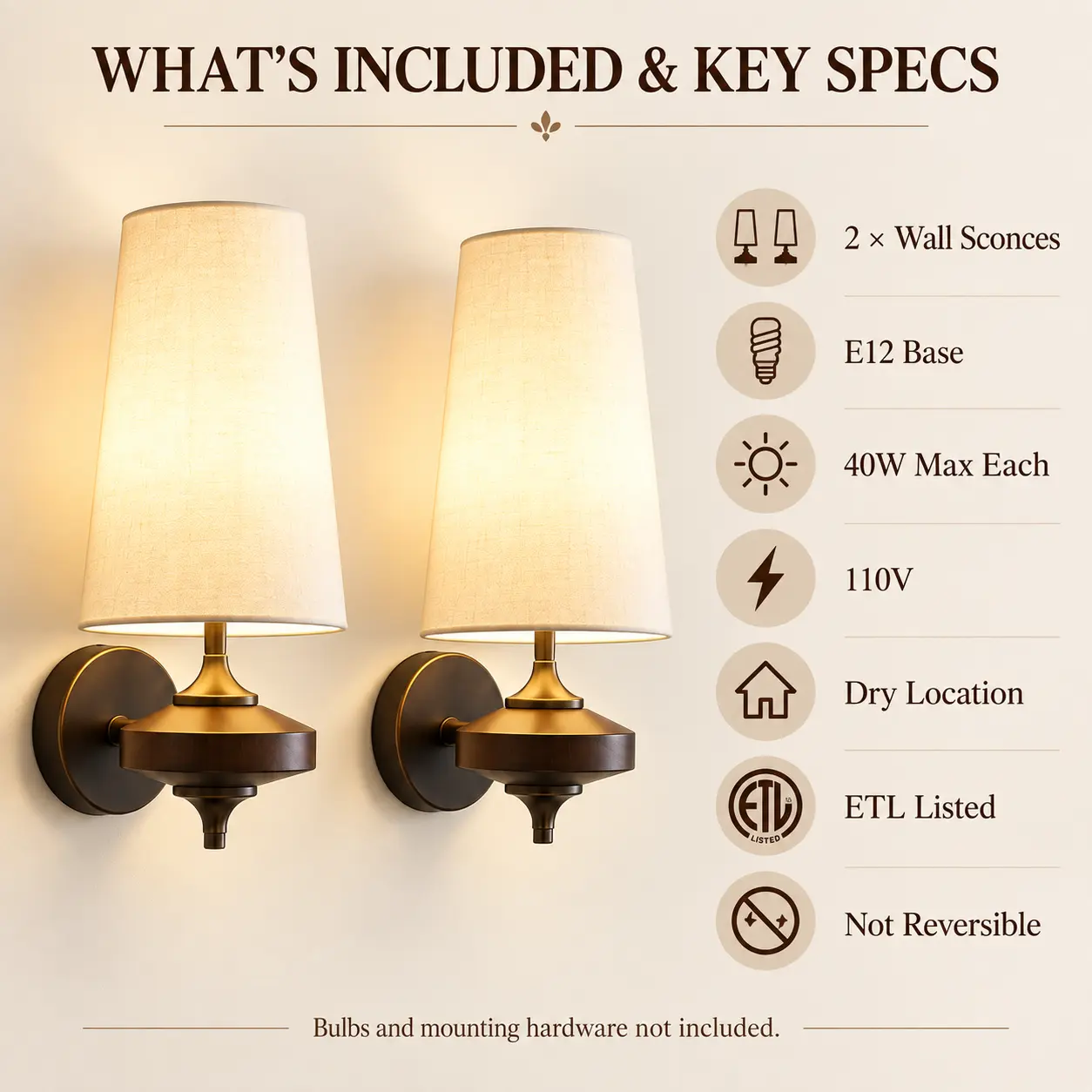 Retro Wall Sconces Set of 2 with Walnut Wood & Fabric Shades: included Items and Specifications