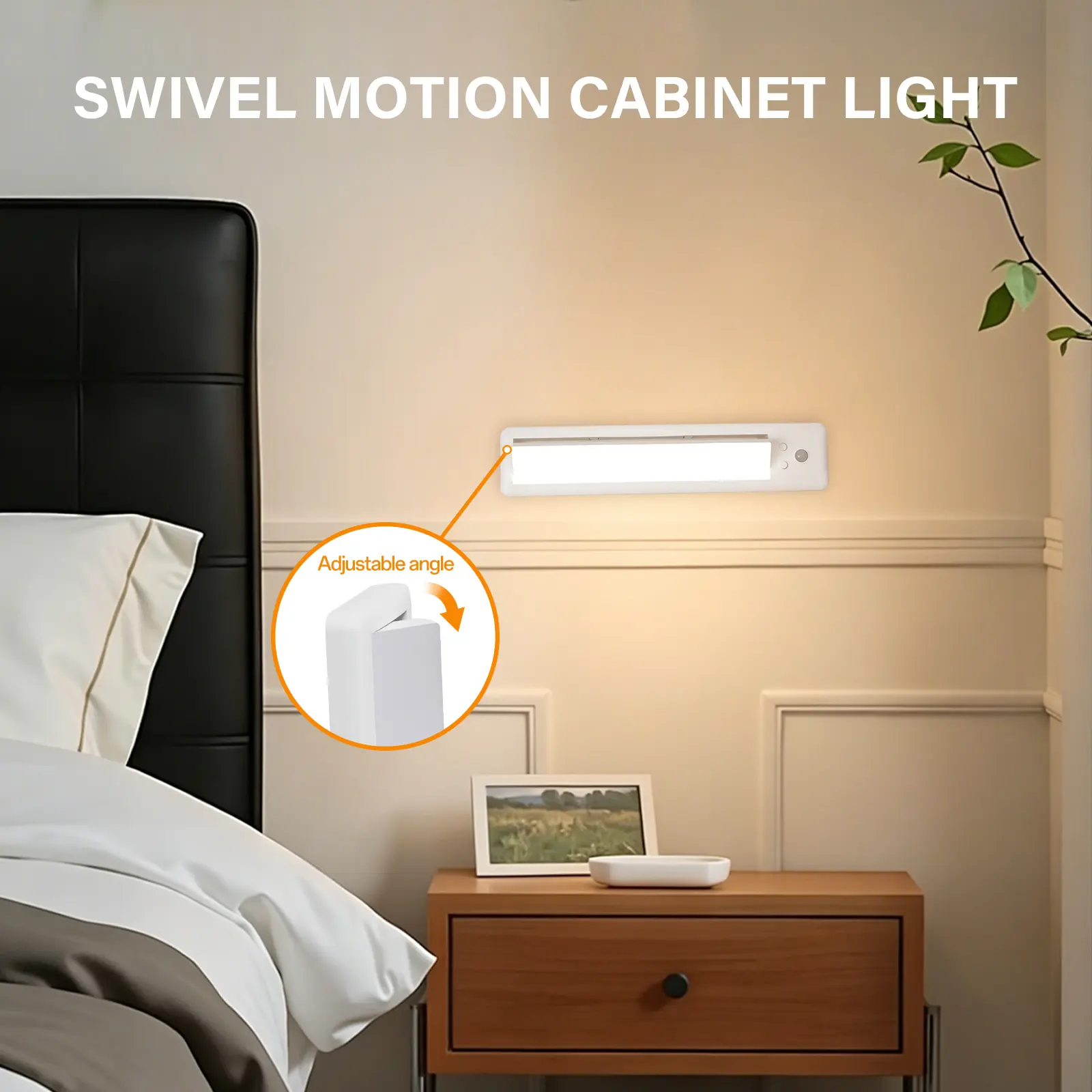 Adjustable swivel LED cabinet light providing bedside accent illumination