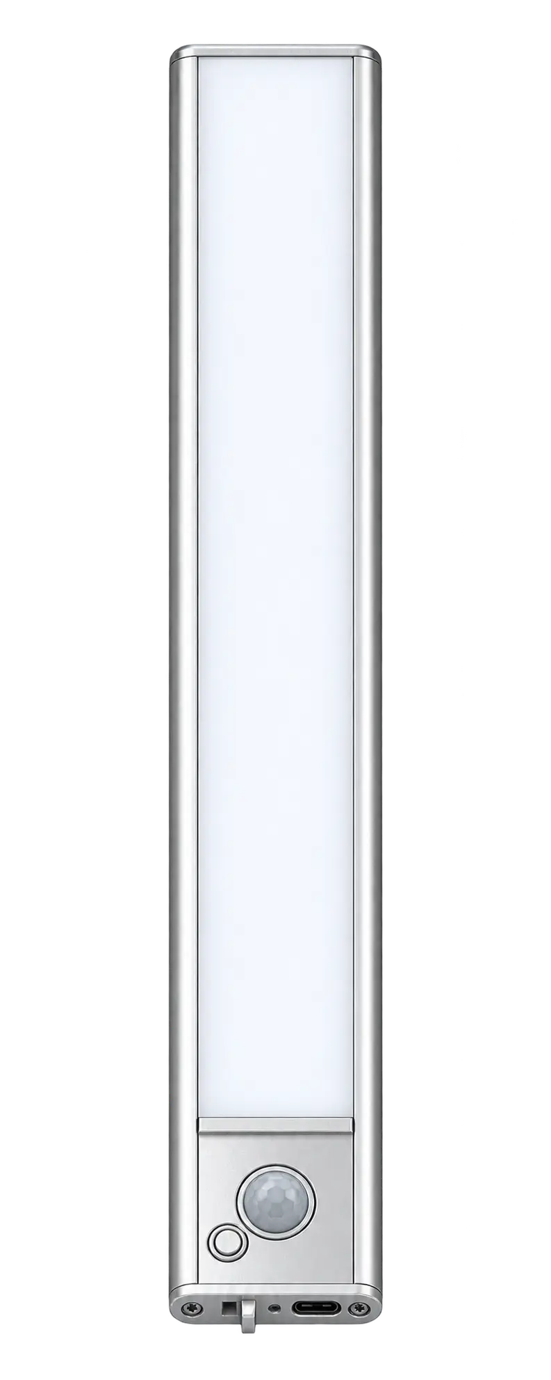 Slim silver rechargeable cabinet light with motion sensor and USB-C charging port