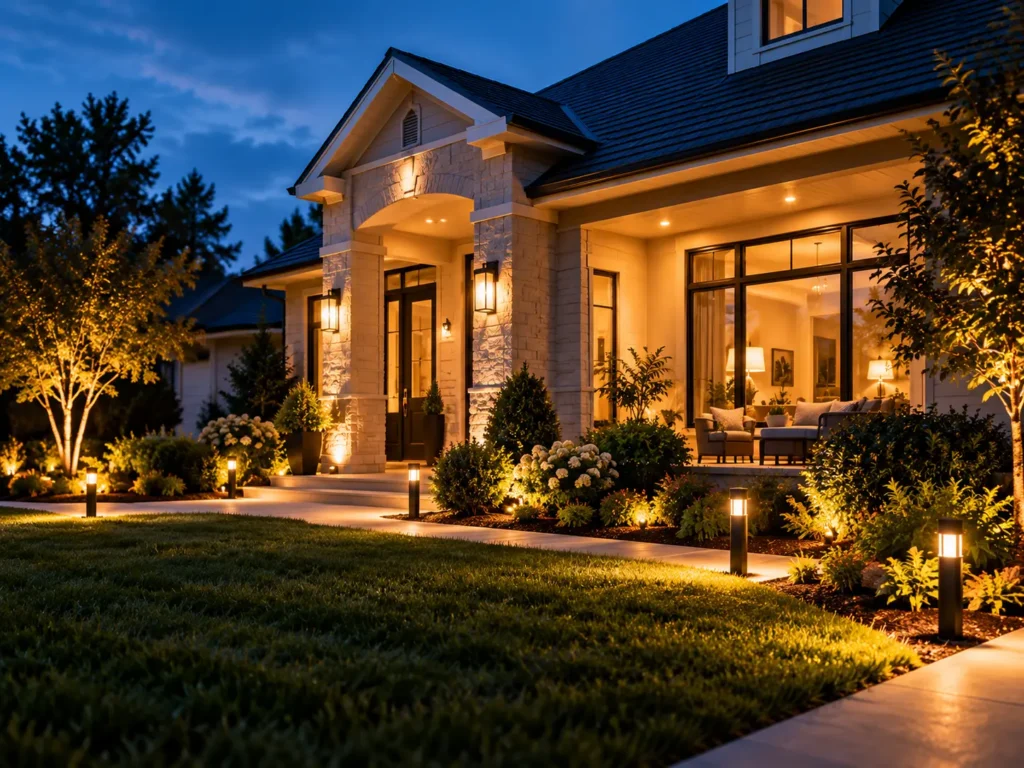 Home exterior illuminated with warm outdoor lighting