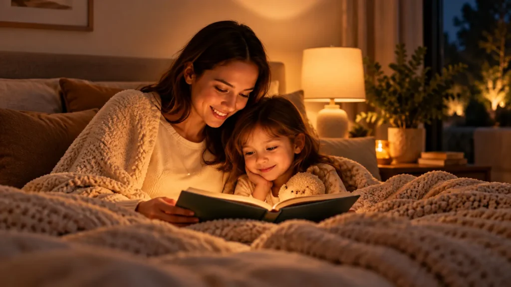 Family reading together in warm emergency lighting