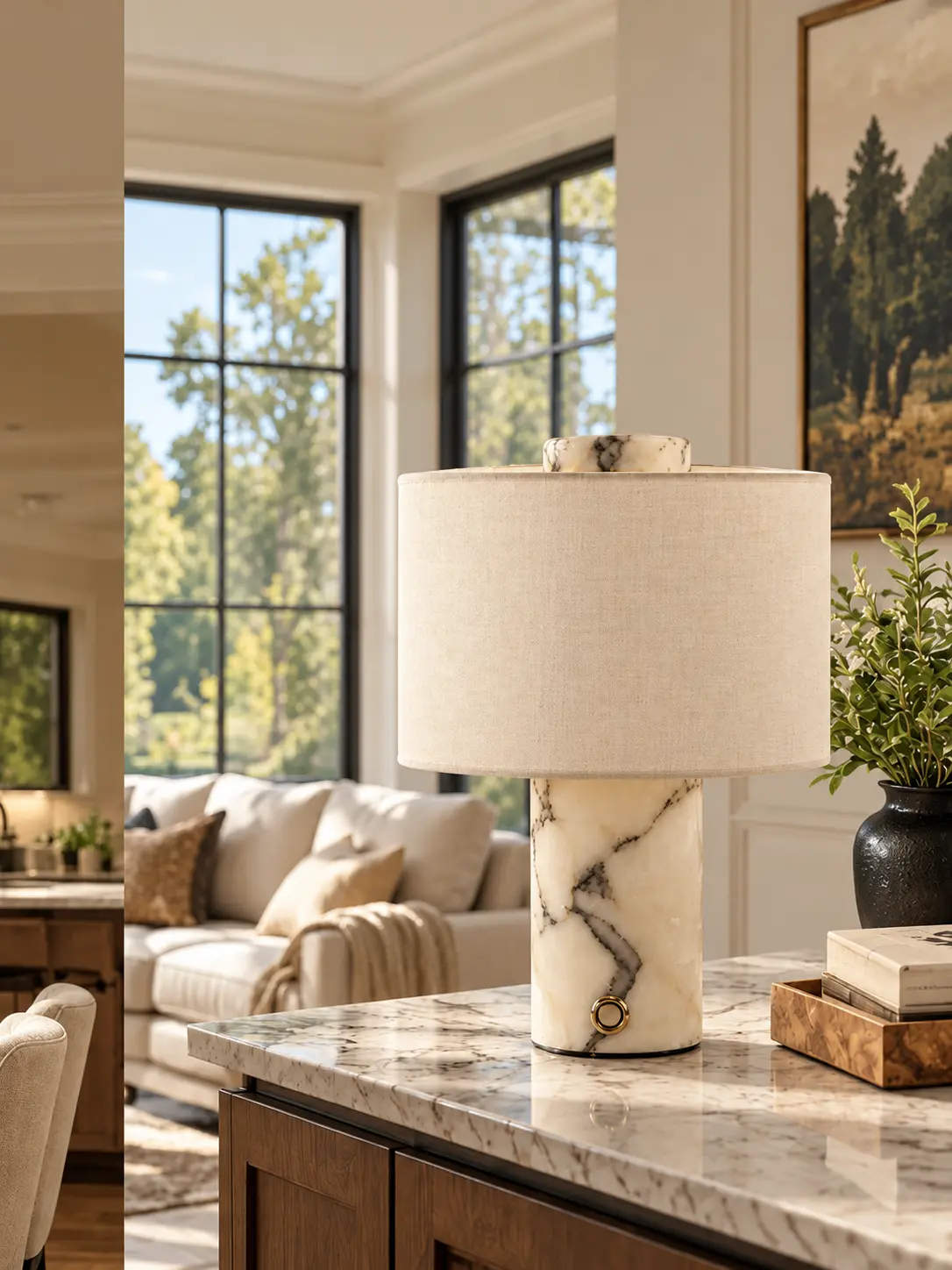 Rechargeable marble table lamp on a side table in a bright living room