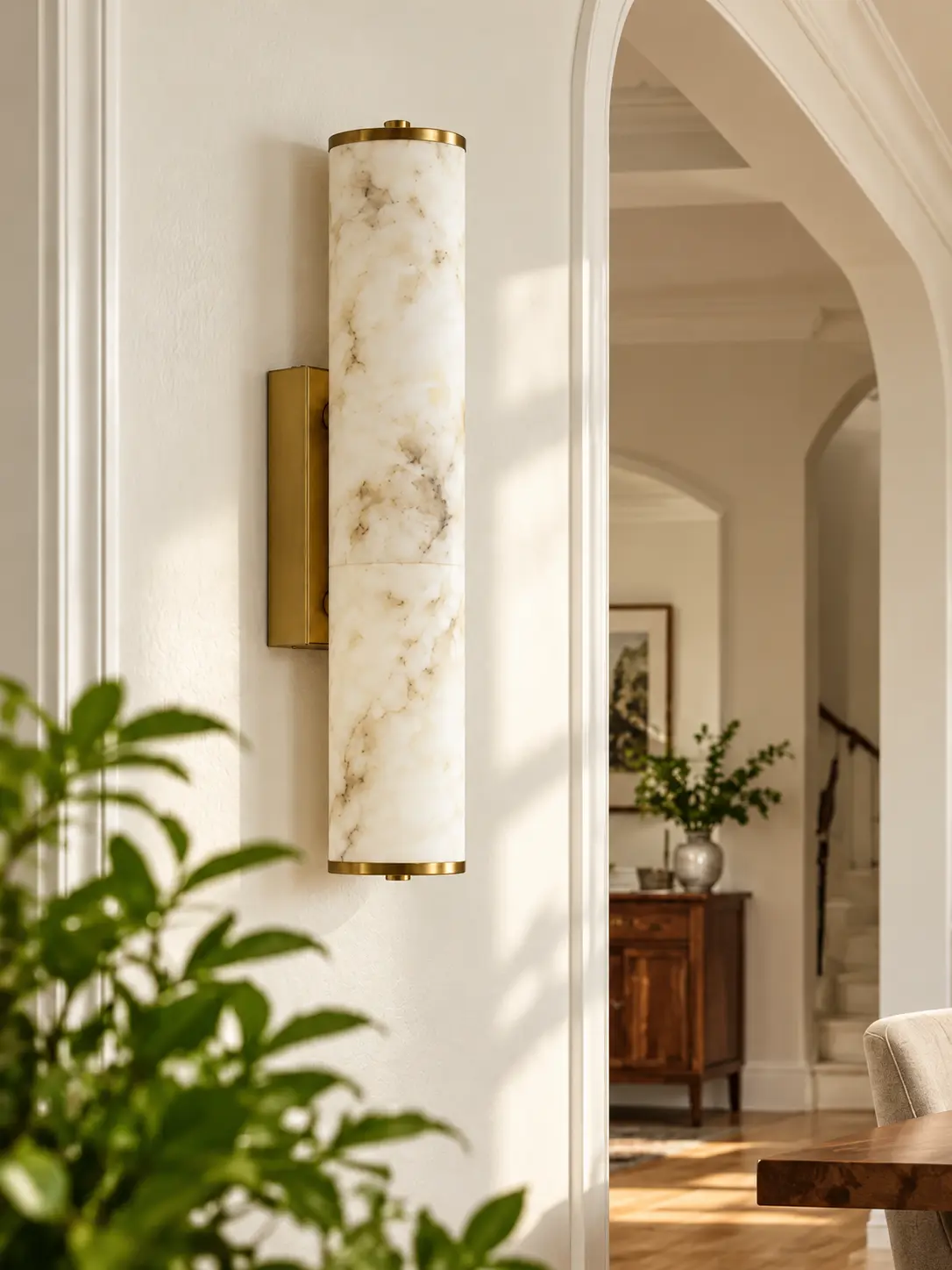 Alabaster cylinder wall sconce beside an arched hallway in daylight