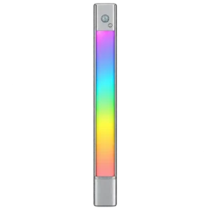 Slim silver RGB LED light bar with a motion sensor and multicolor illuminated diffuser.