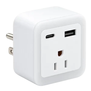 White wall outlet adapter with USB-C and USB-A charging ports and a three-prong AC outlet.