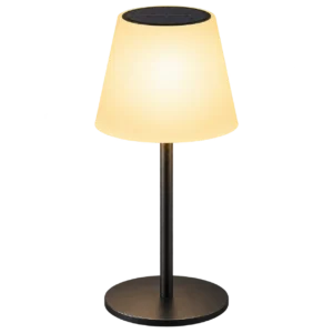 Modern solar-powered table lamp with a warm glowing shade, black stem, round base, and top-mounted solar panel.