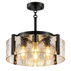 Black and brass pendant chandelier with textured clear glass panels and three warm glowing bulbs.