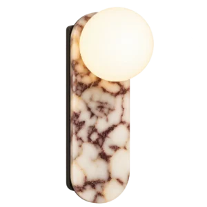 Modern wall sconce with a veined marble backplate and a glowing white globe light.