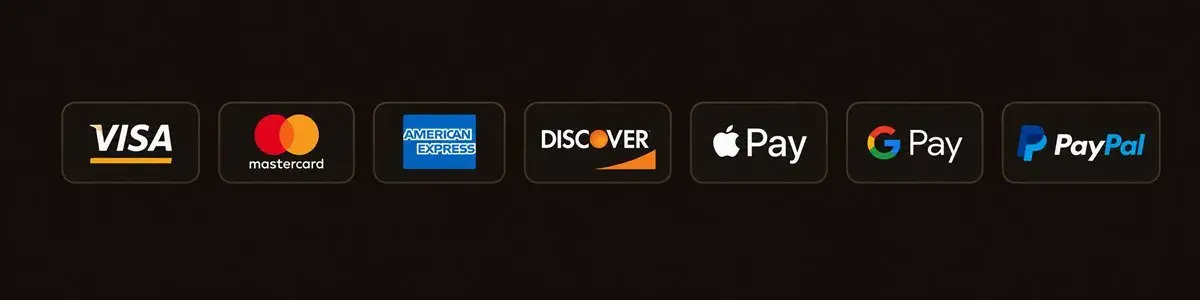 Accepted payment methods: Visa, Mastercard, American Express, Discover, Apple Pay, Google Pay and PayPal
