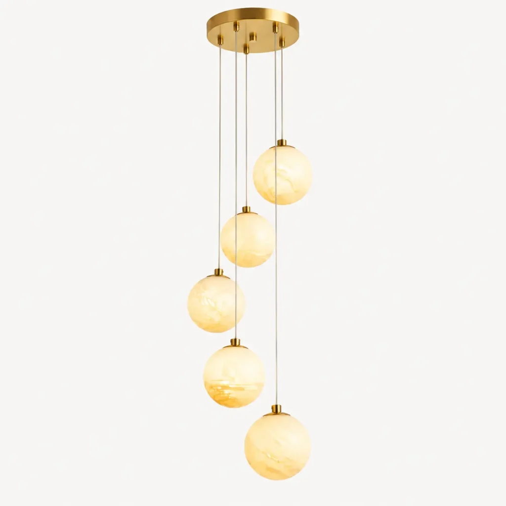 Modern 5-Light Faux Alabaster Glass Globe Cluster Pendant Light – Brass Finish