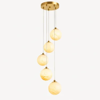 Modern 5-Light Faux Alabaster Glass Globe Cluster Pendant Light – Brass Finish