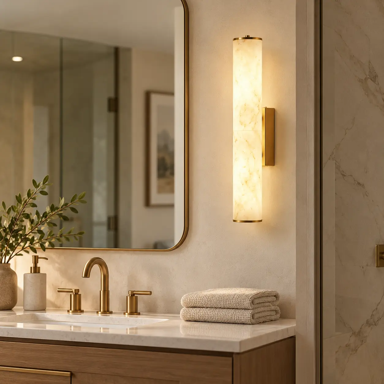 Alabaster cylinder wall sconce with gold-finish backplate illuminating a vanity area beside a mirror