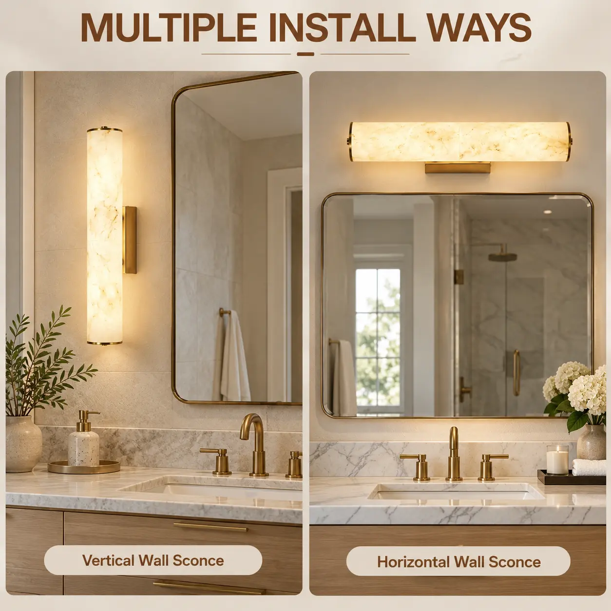 Cylindrical alabaster LED wall sconce shown vertically beside a mirror and horizontally above it