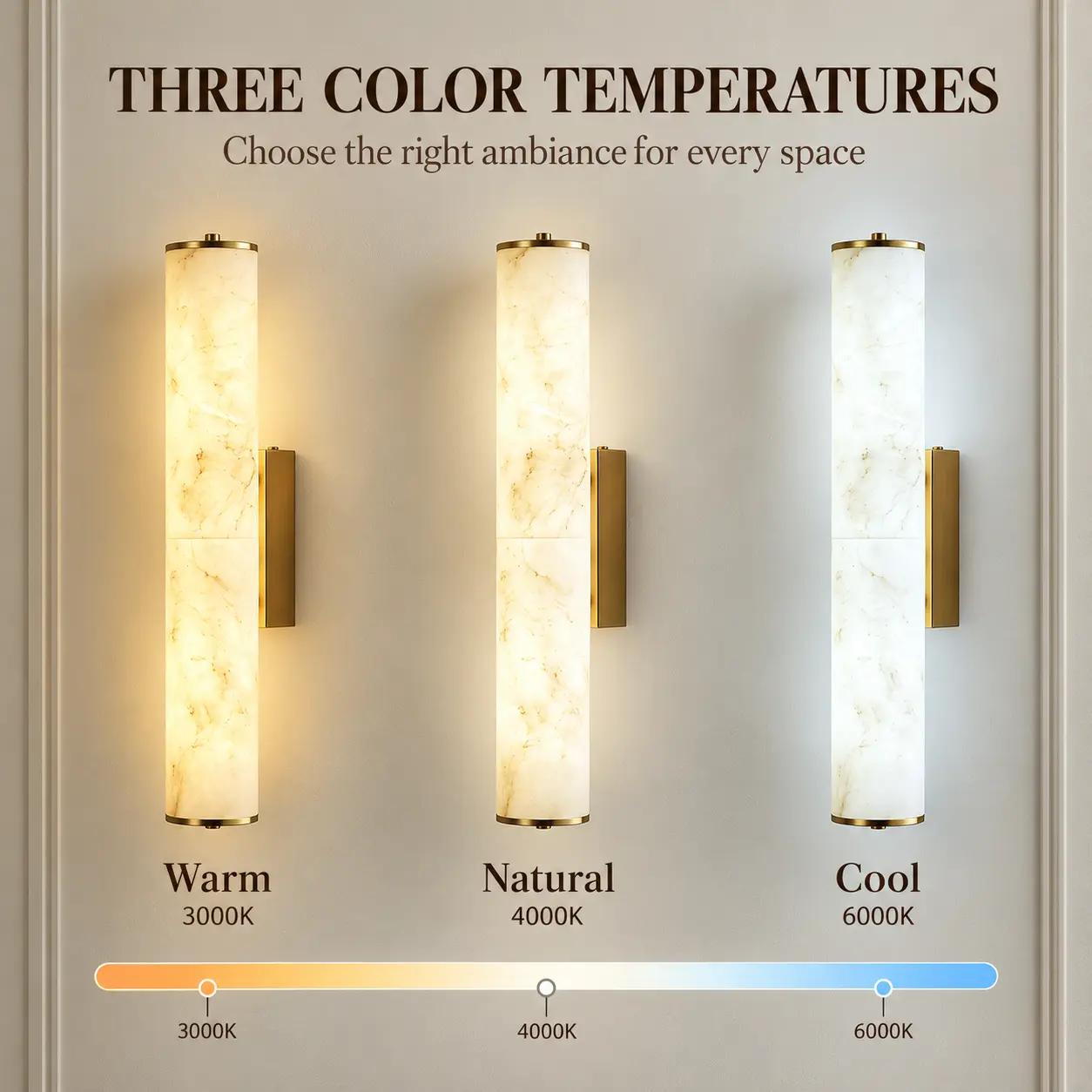 Three alabaster wall lights demonstrating 3000K warm, 4000K natural and 6000K cool white illumination