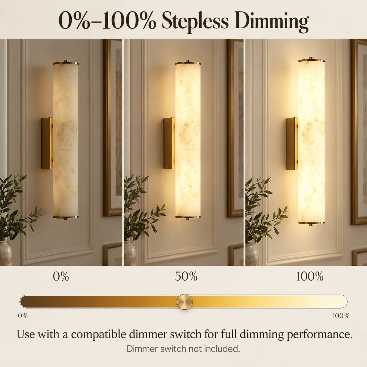 Dimmable LED alabaster wall sconce shown at different brightness levels with a dimmer illustration