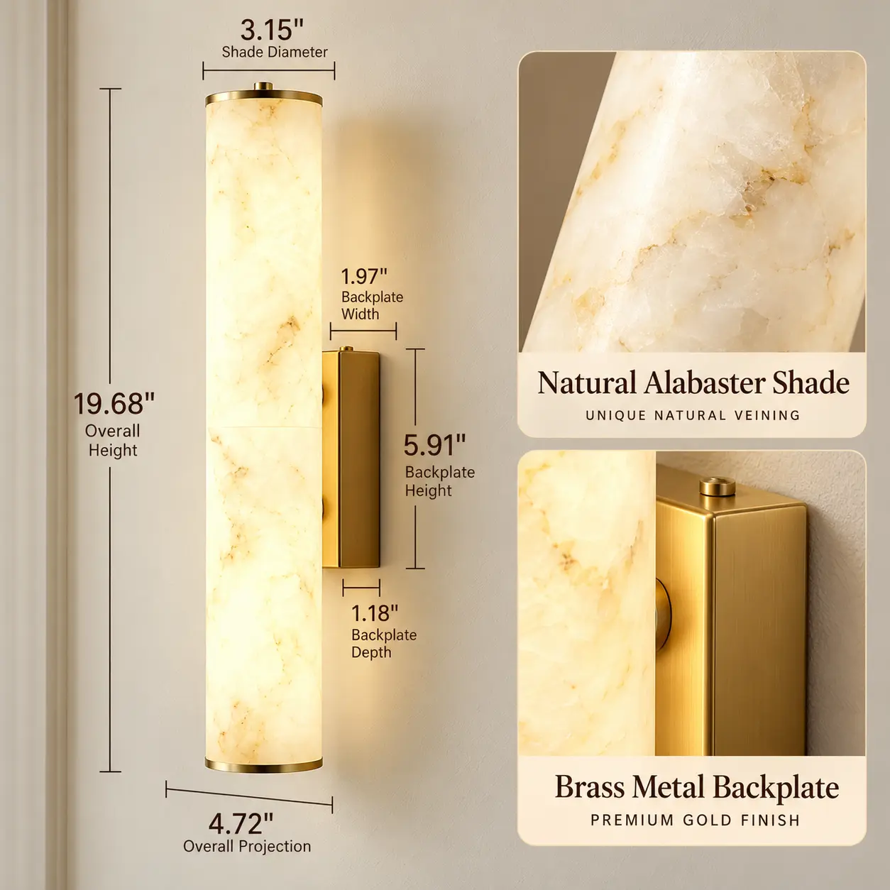 Dimension diagram of 19.68-inch alabaster wall sconce showing cylindrical shade and gold metal backplate measurements