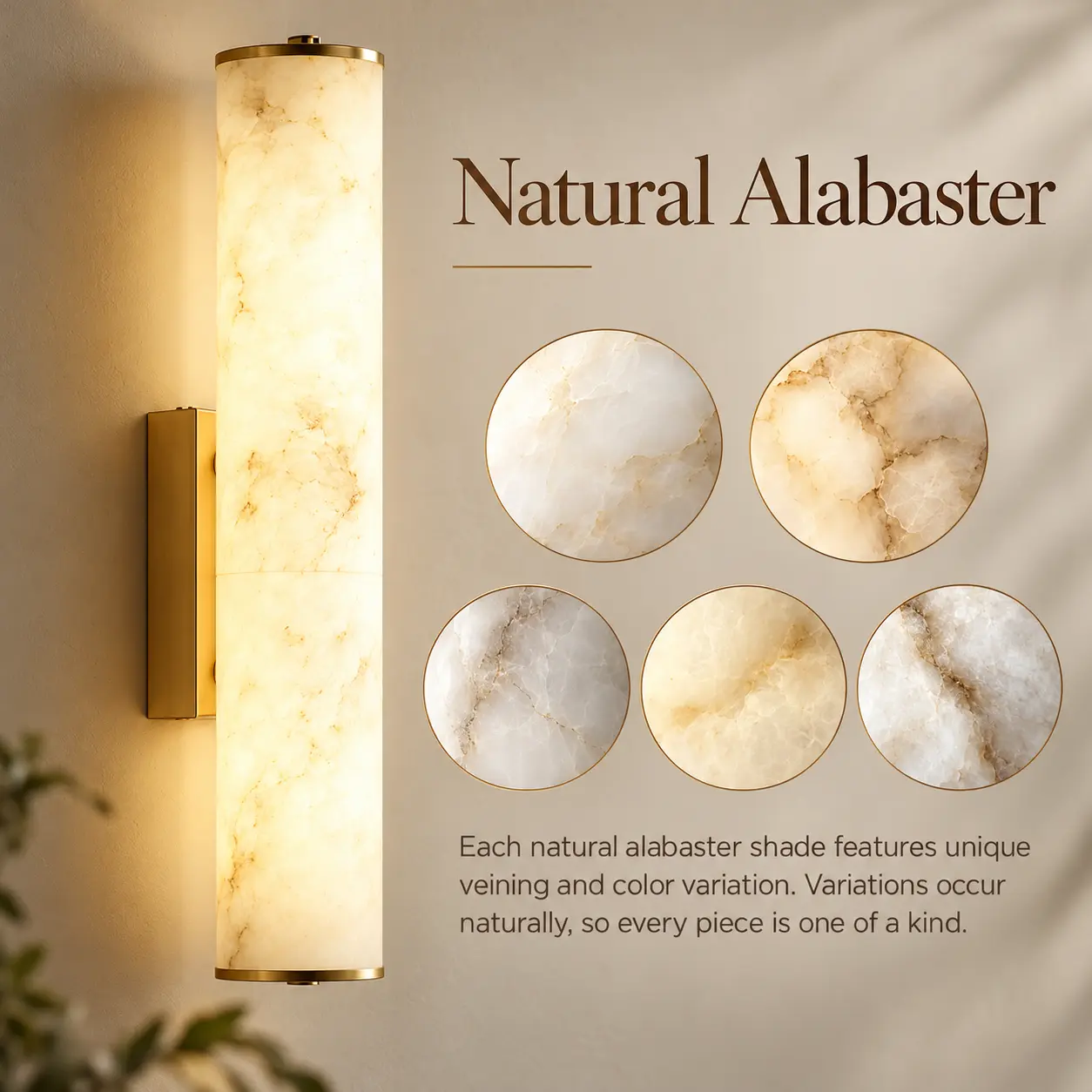 Illuminated alabaster cylinder wall sconce with close-up examples of natural stone veining and color variation