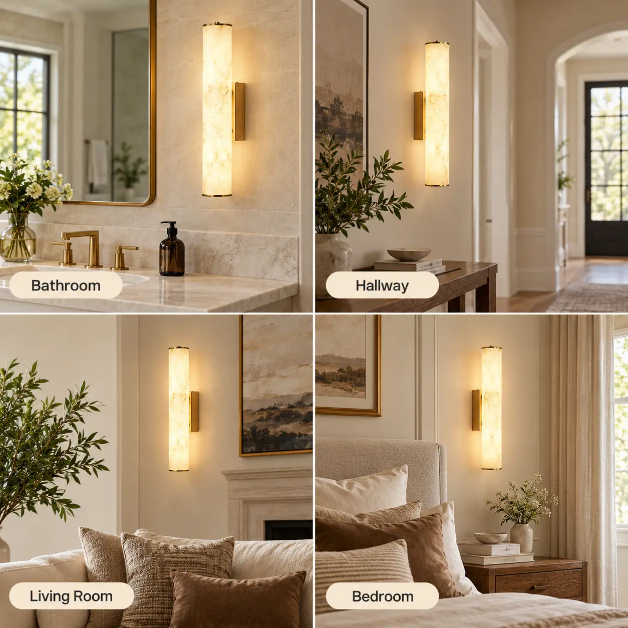 Gold-finish cylindrical alabaster wall lights displayed in bathroom, hallway, living room and bedroom interiors