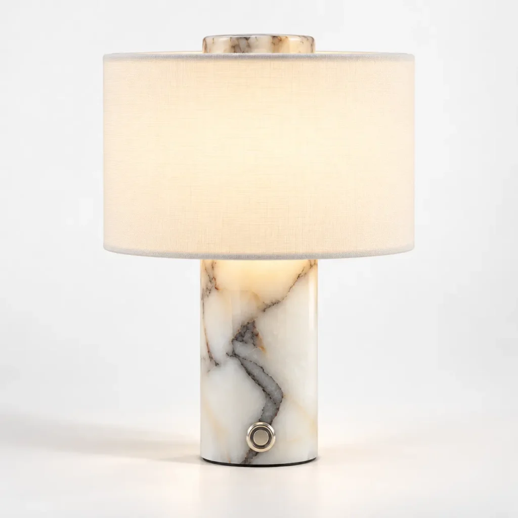 Rechargeable Natural Marble Table Lamp – Cordless Touch Dimmable LED with Linen Shade