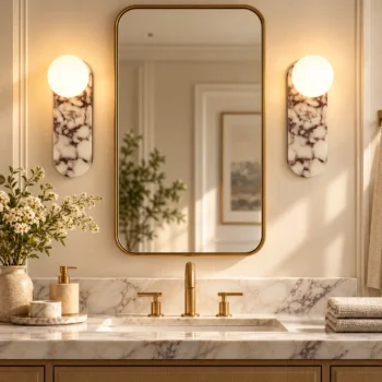 Two rechargeable alabaster-style wall sconces with glowing globe shades beside a bathroom vanity mirror