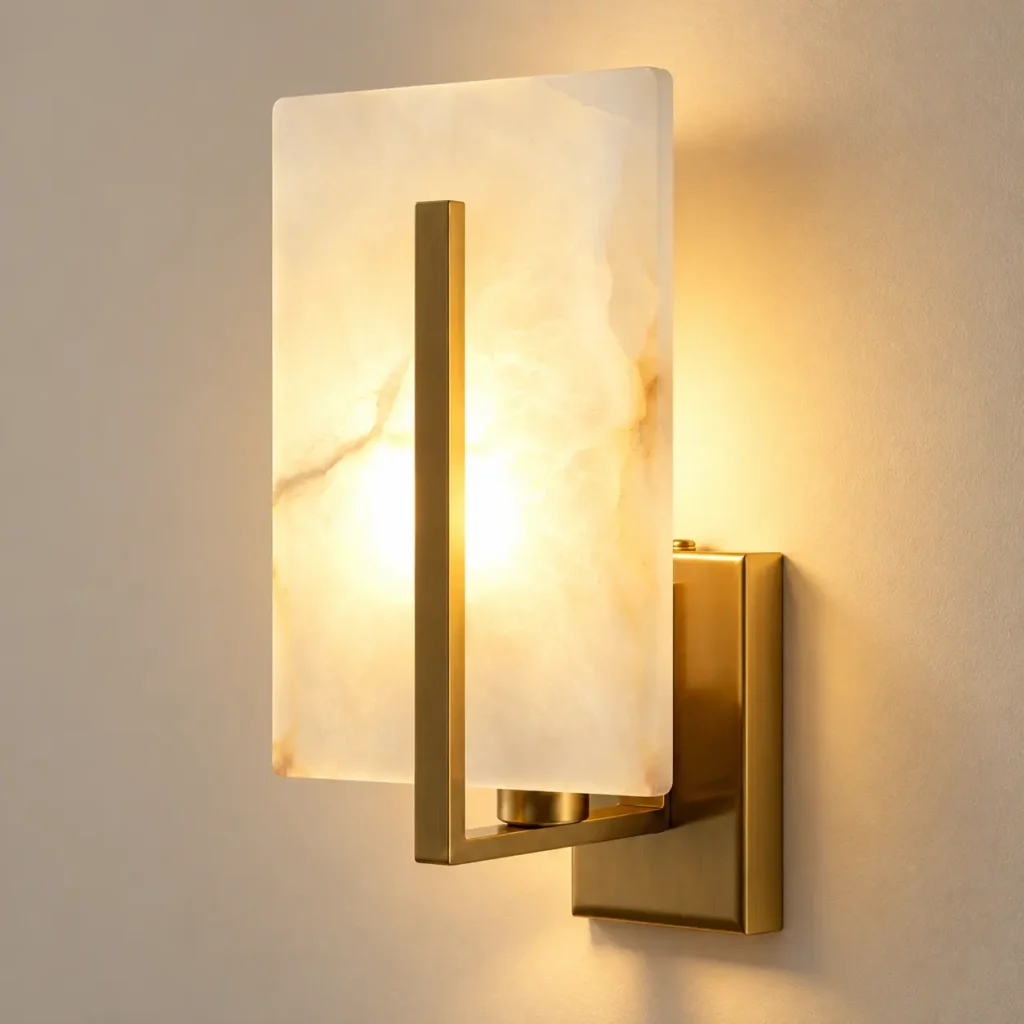 Modern Rectangular Natural Alabaster Wall Sconce with Brushed Brass Finish – 3 Color Temperatures