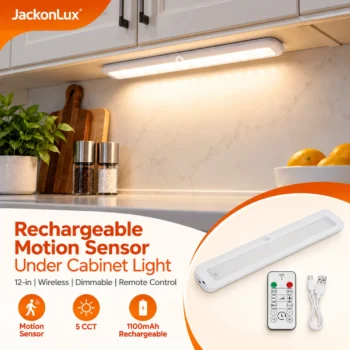JackonLux rechargeable motion sensor under cabinet light illuminating a kitchen counter, with remote control and USB charging cable shown
