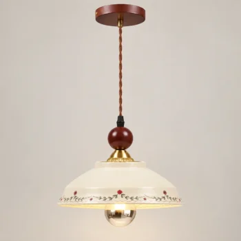 Vintage floral ceramic pendant light with hand-painted cream shade, wood canopy and adjustable hanging cord