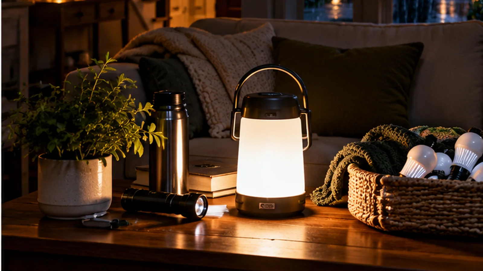 A portable lantern lights a dark living room while rain falls outside the windows.
