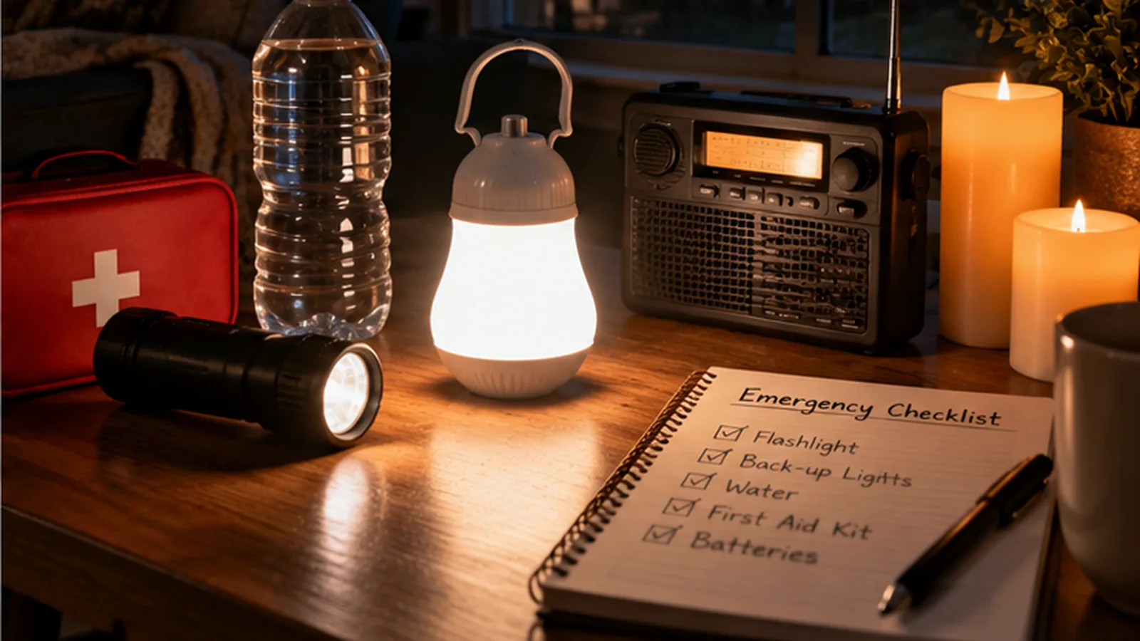A flashlight, portable lantern, emergency radio, and bottled water arranged as home blackout supplies.