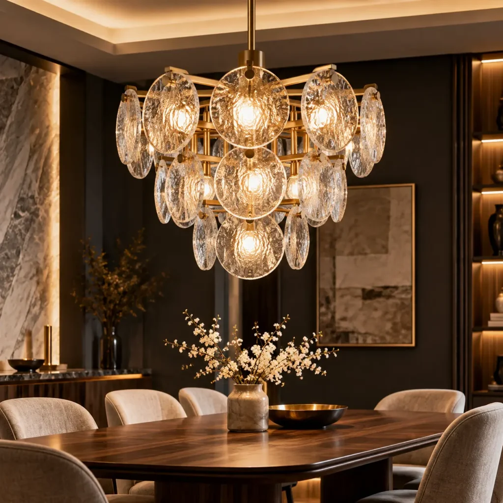 Elegant glass chandelier with warm lighting in a dining room