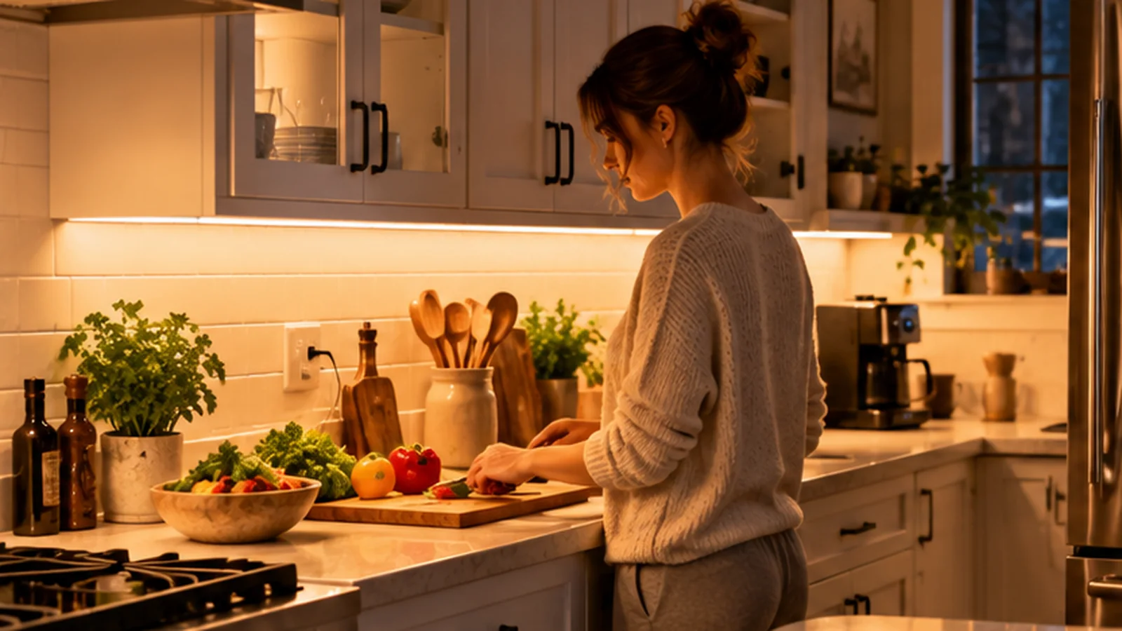 Home cook preparing vegetables at a kitchen counter illuminated by warm under-cabinet task lights.