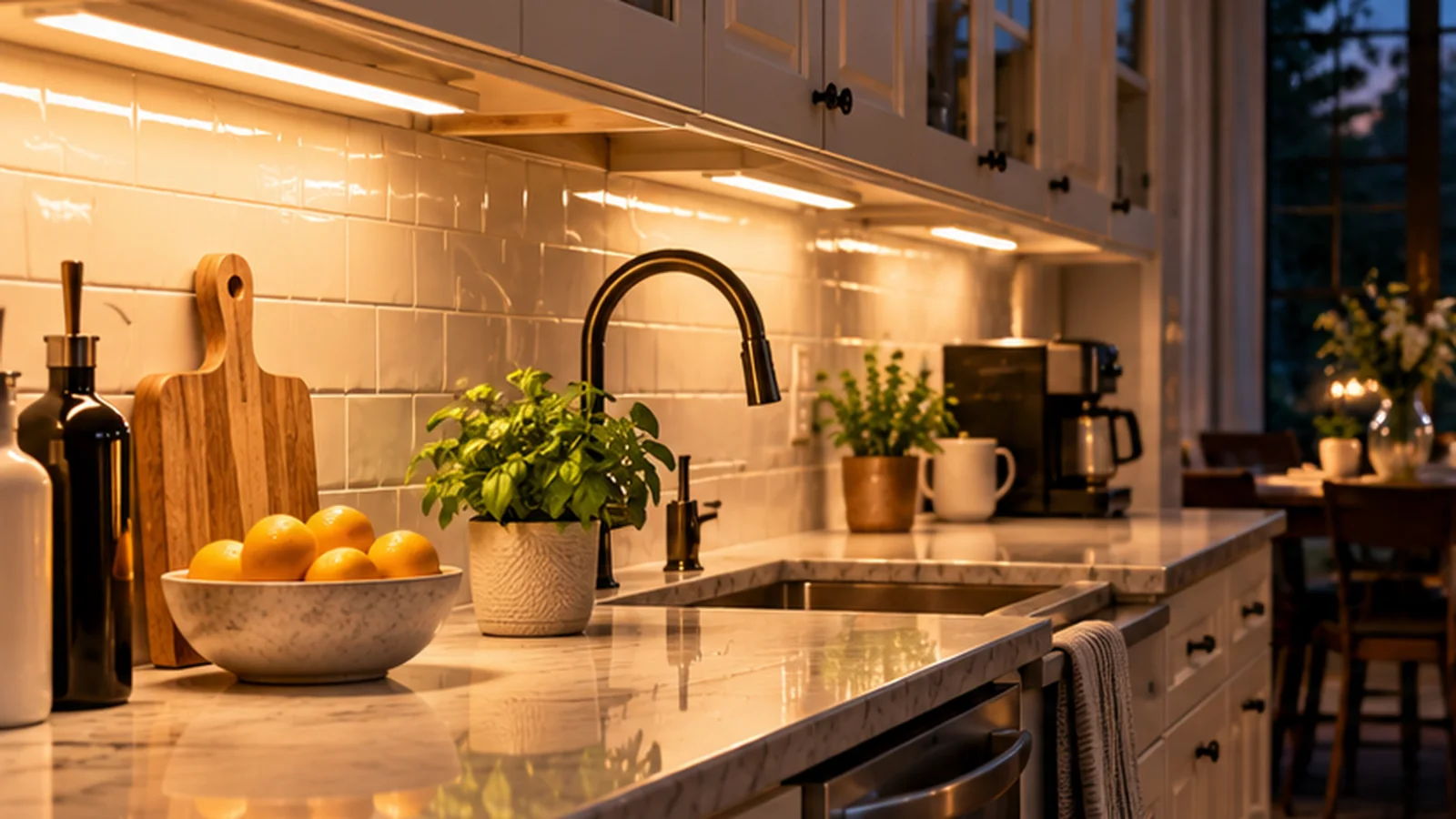 Warm under-cabinet lighting illuminates a kitchen counter, sink, fruit bowl, and backsplash.