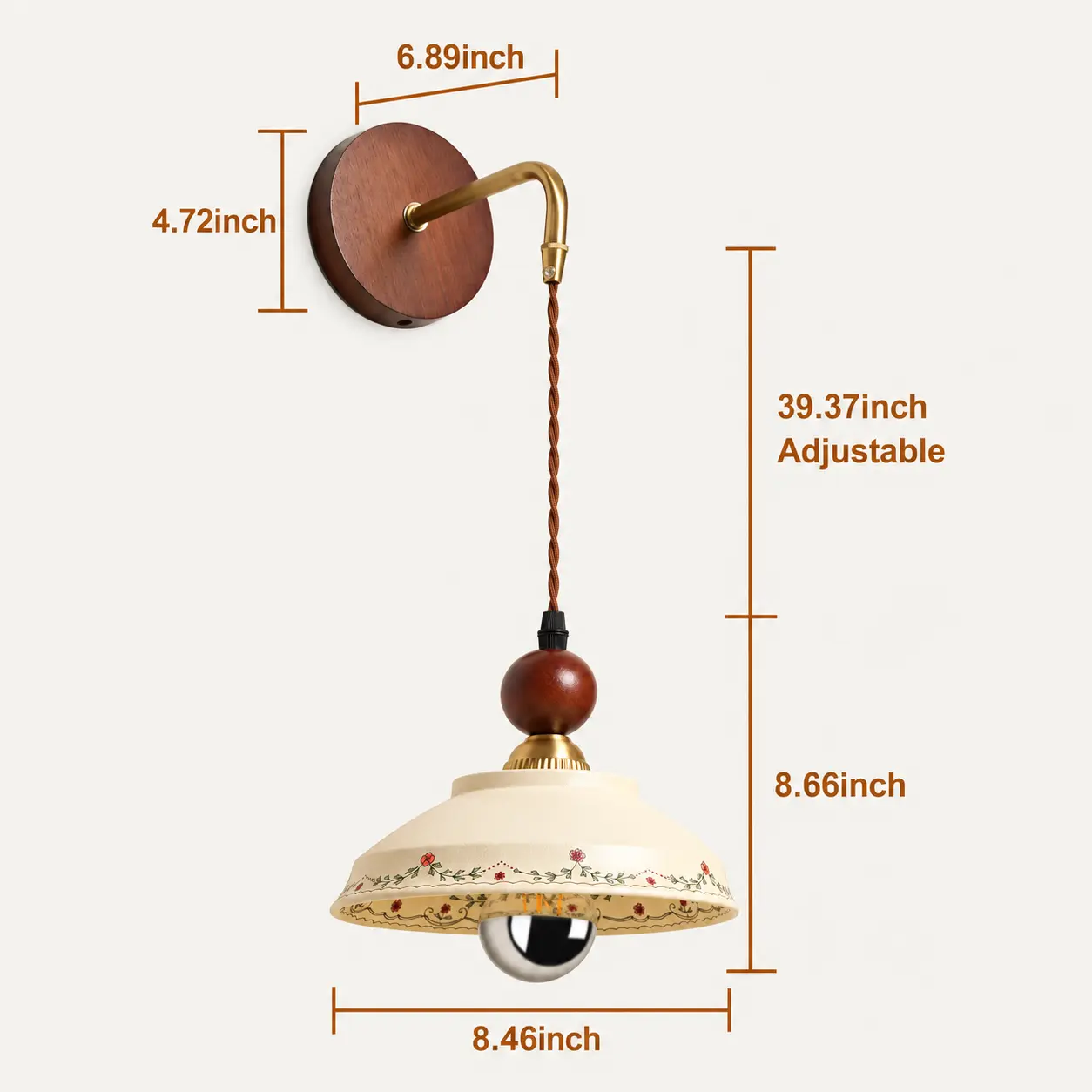 Dimensions of vintage floral ceramic wall sconce with 8.46 inch shade, 4.72 inch backplate and adjustable hanging cord