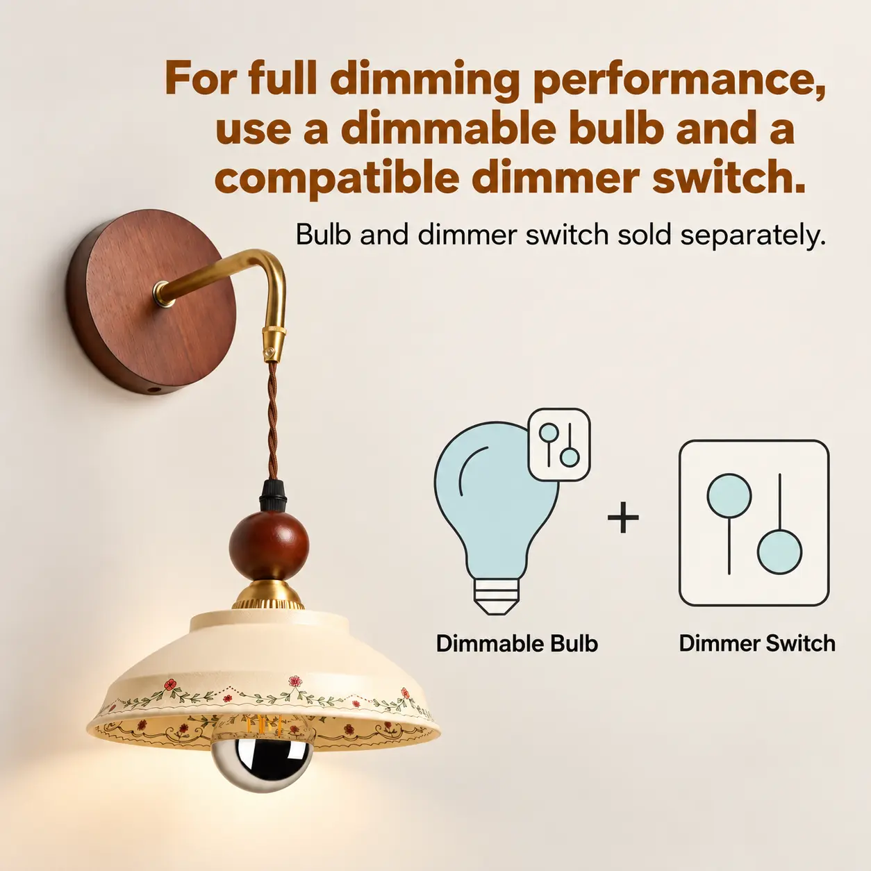 Vintage floral ceramic wall sconce showing dimmable setup with compatible dimmable bulb and wall dimmer switch