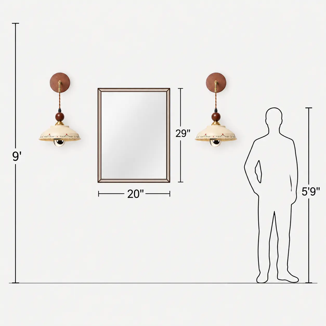 Placement guide for vintage floral ceramic wall sconces installed on both sides of a 20 by 29 inch mirror