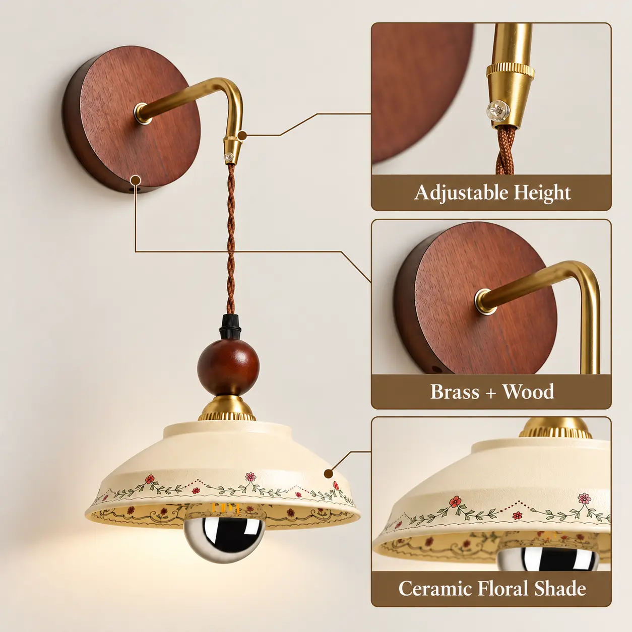Detail view of adjustable hanging cord, wood backplate, brass arm and hand-painted ceramic floral shade