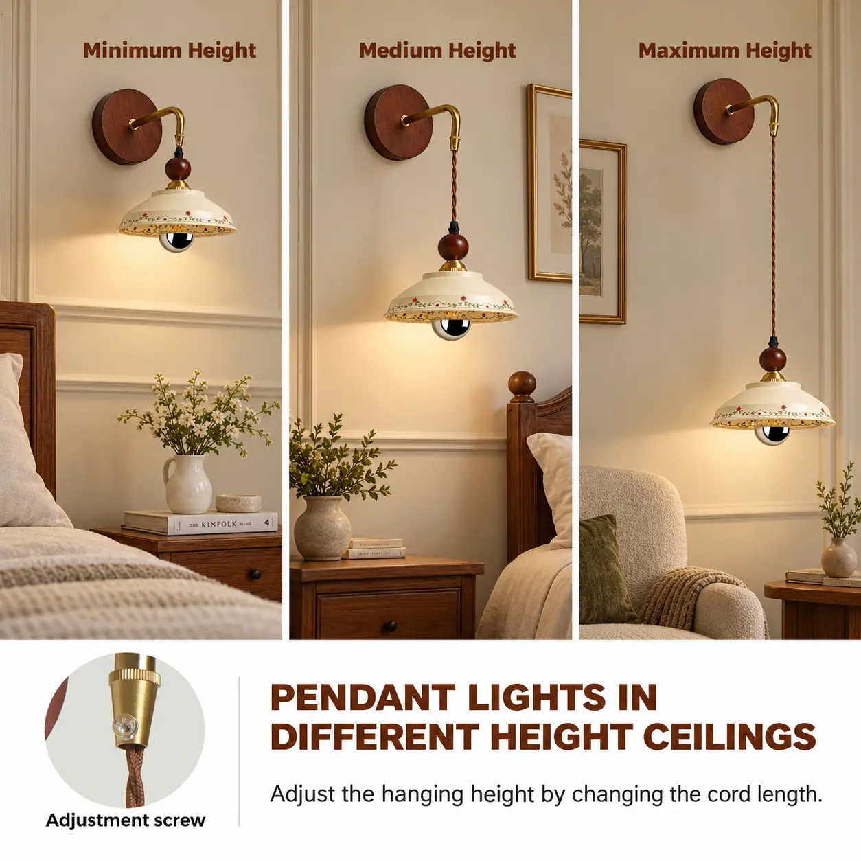 Adjustable hanging height examples for vintage floral ceramic wall sconce in different room settings
