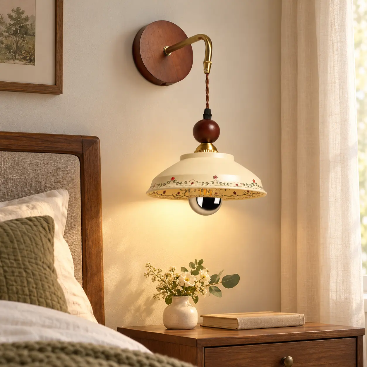 Vintage floral ceramic wall sconce installed above a bedroom nightstand with warm ambient lighting