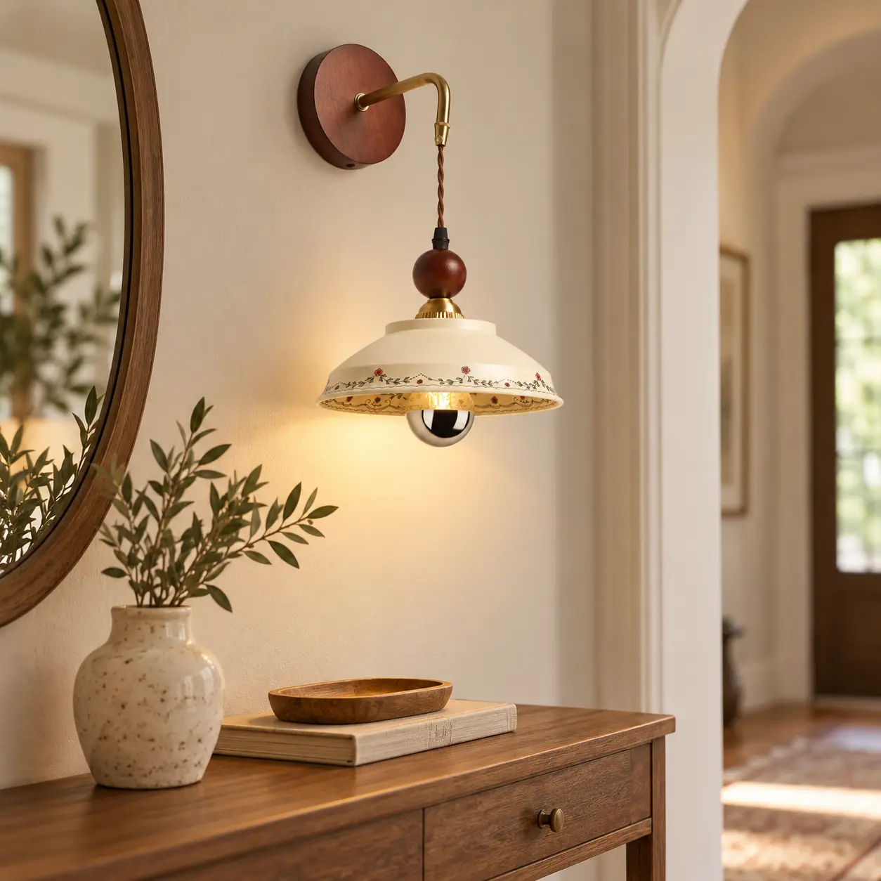 Vintage floral ceramic wall sconce mounted in an entryway beside a round mirror and wooden console table