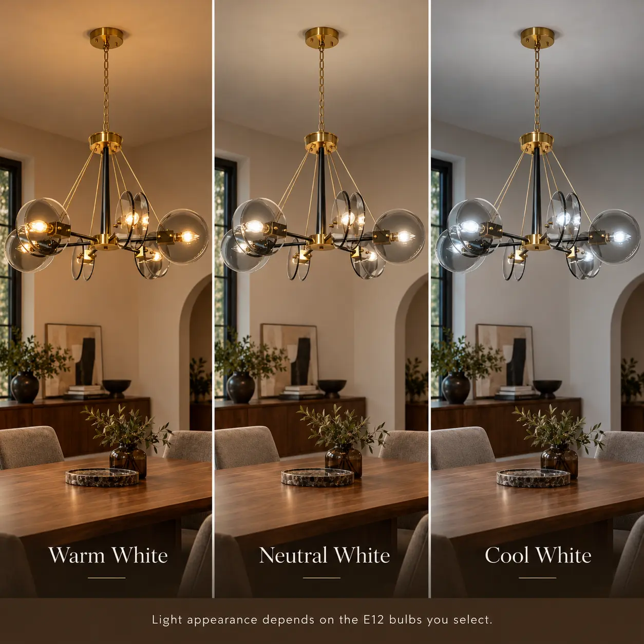 6-Light Smoke-Gray Glass Sputnik Chandelier with Brushed Gold & Matte Black Finish: three Light Temperatures