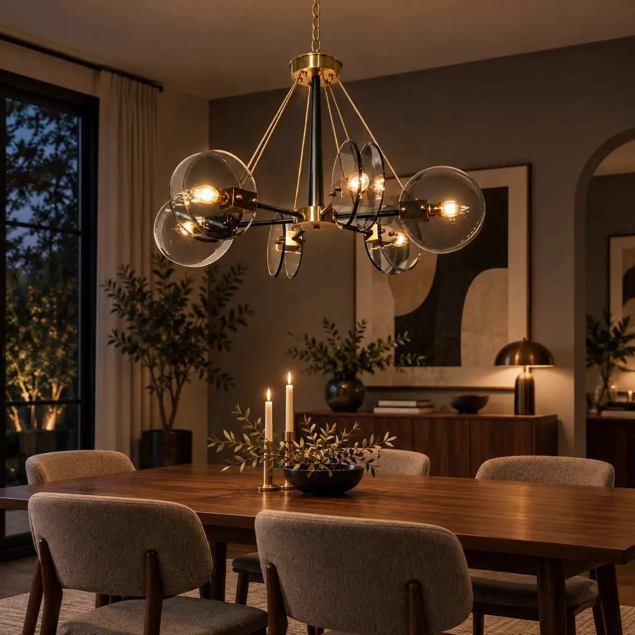 6-Light Smoke-Gray Glass Sputnik Chandelier with Brushed Gold & Matte Black Finish: dining Room Lifestyle View
