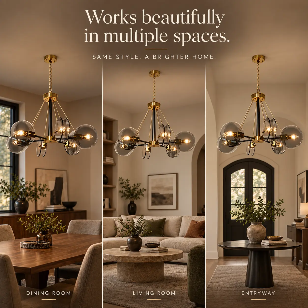 6-Light Smoke-Gray Glass Sputnik Chandelier with Brushed Gold & Matte Black Finish: multi-Room Use