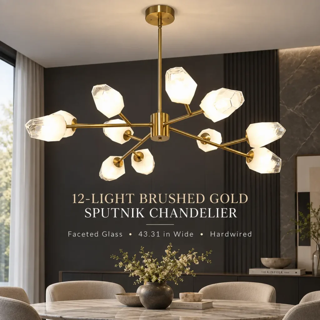 12-Light Brushed Gold Sputnik Chandelier with Faceted Glass Shades